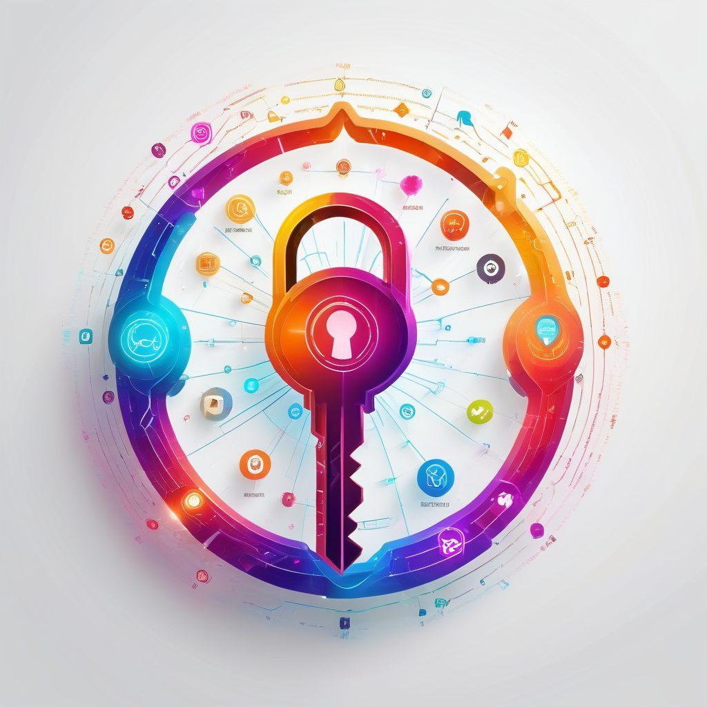 A digital key unlocking a massive glowing web with various search tool icons like magnifying glass, documents, and gears floating around in a futuristic interface. The background features a matrix of interconnected data streams. vector art. vibrant colors. white background.