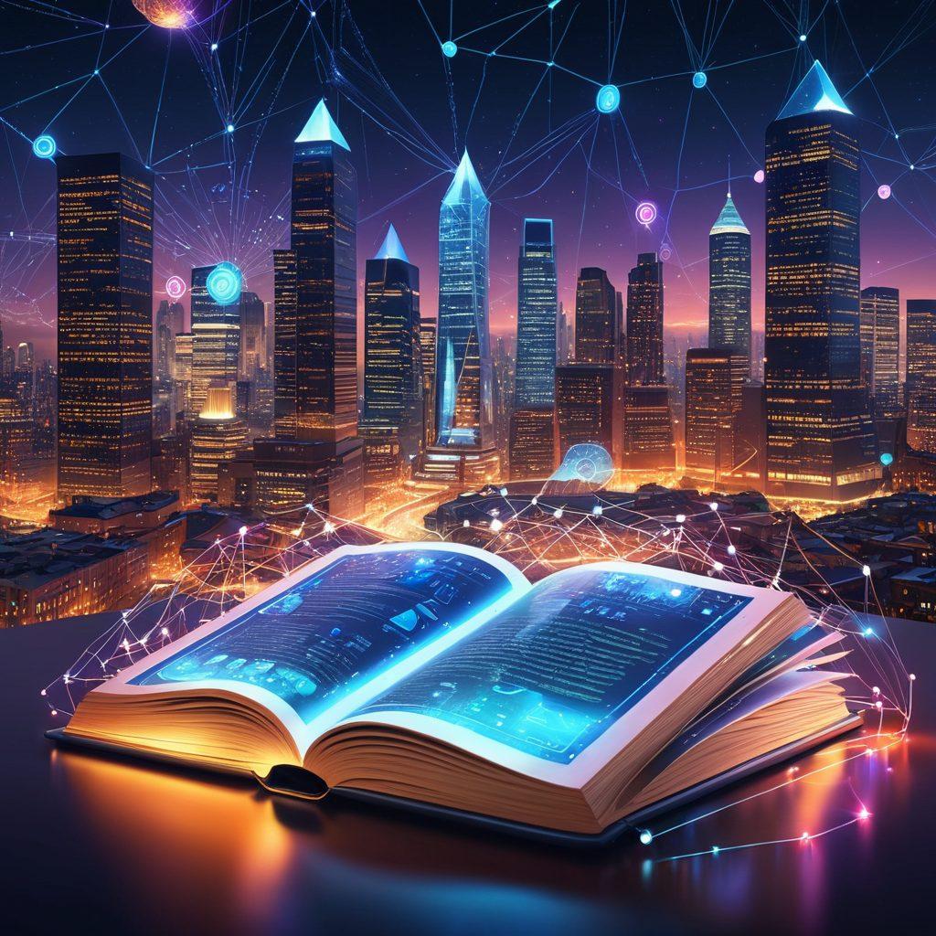 A vibrant digital library with open books, floating icons of various web resources like search engines, scholarly articles, and open-source platforms, against a dynamic cityscape of interconnected networks and glowing data streams. super-realistic. vibrant colors.